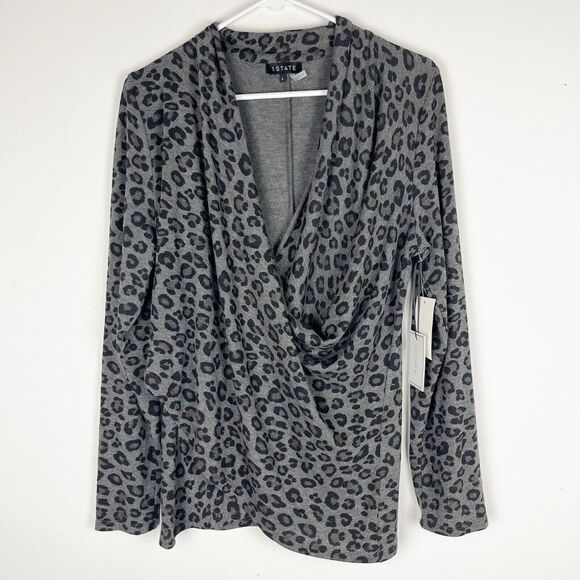 1. STATE Tops - NWT 1 State Animal Print Mock Wrap Tunic Top Size Large Gray Black​​​